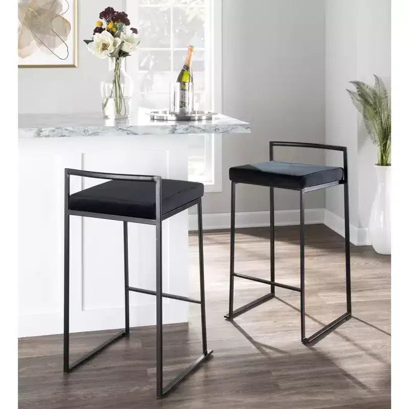 LumiSource Lot de 3 tabourets de bar hauteur comptoir Fuji Métal noir/Velours noir