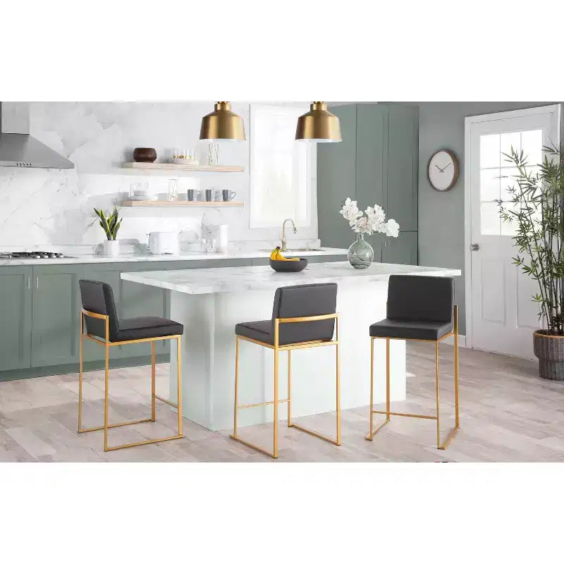 LumiSource Lot de 3 tabourets de bar à dossier haut Fuji, hauteur comptoir, acier doré/PU gris