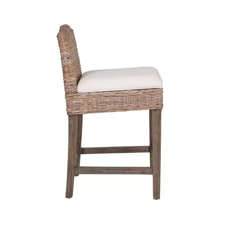 Tabouret de bar à hauteur de comptoir Durham Rattan East at Main avec siège rembourré et piètement en bois, couleur naturelle : coton, aucun assemblage requis