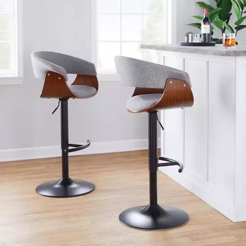 Lot de 2 tabourets de bar réglables vintage modernes noir/noyer/gris clair - LumiSource : pivotants, rembourrés, base en métal