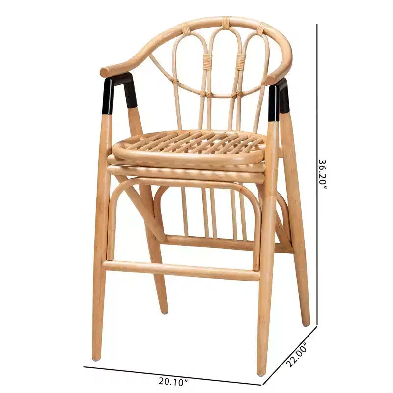 Tabouret de bar hauteur comptoir Cyntia en rotin, coloris marron naturel/noir, de la collection bali & pari : Fait main, style bohème, accents métalliques
