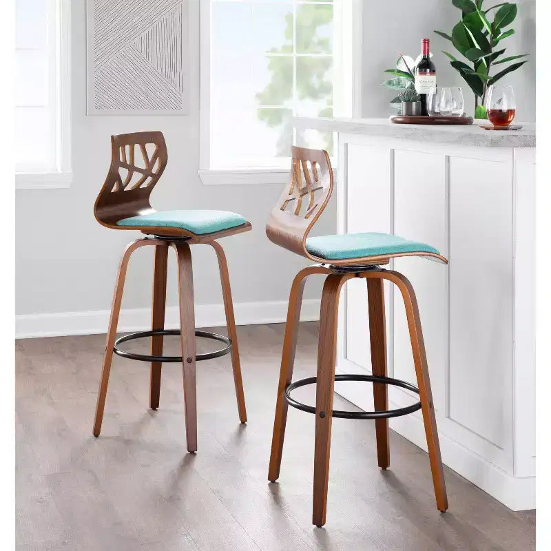 Lot de 2 tabourets de bar Folia Noyer/Noir/Sarcelle - LumiSource : Mid-Century Modern, Pivotant, Rembourré, Piétement en bois
