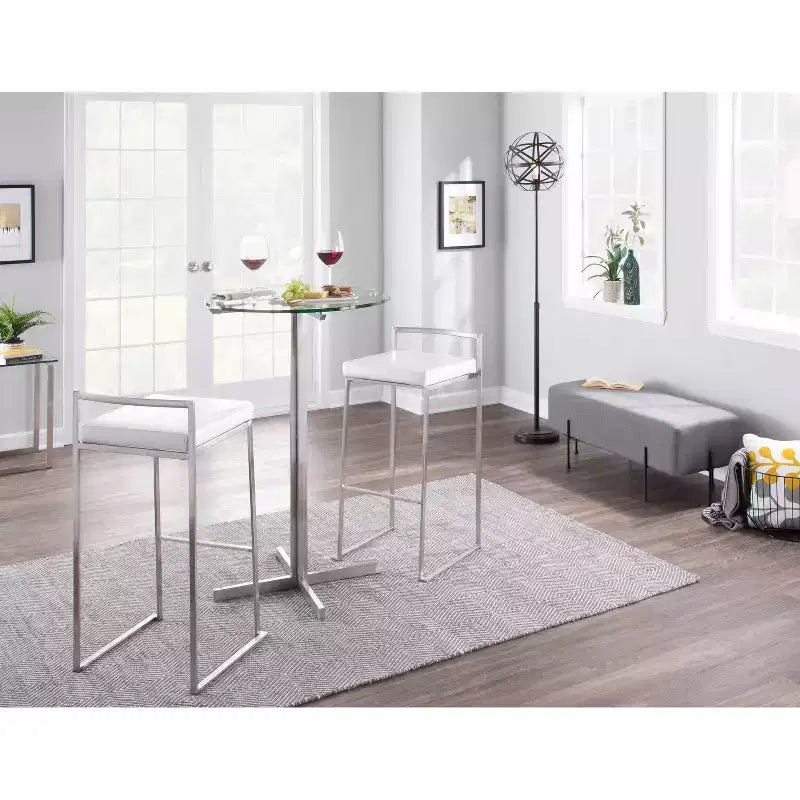 Lot de 3 tabourets de bar empilables LumiSource Fuji, acier inoxydable/velours blanc