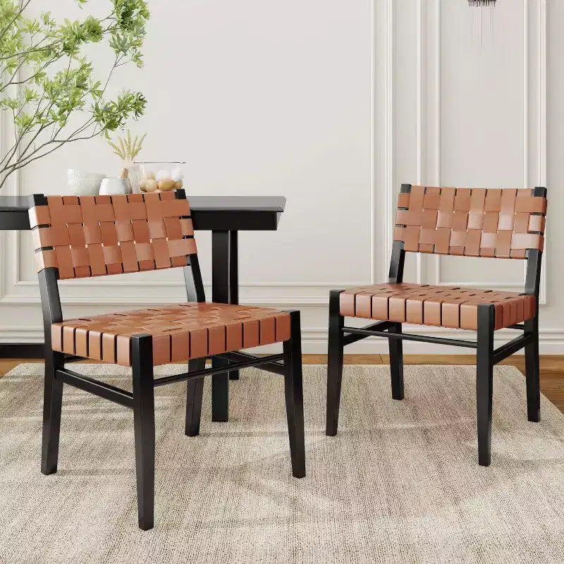 Christopher Knight Home Lot de 2 chaises de salle à manger Oliver en similicuir tissé et bois d'hévéa, marron