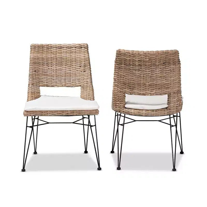Lot de 2 chaises de salle à manger Nafaro en rotin et métal avec coussin noir/blanc - bali et pari