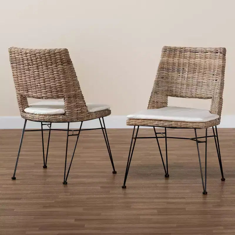 Lot de 2 chaises de salle à manger Nafaro en rotin et métal avec coussin noir/blanc - bali et pari