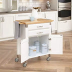 Home Styles Petit chariot de cuisine Dolly Madison avec plateau naturel, blanc cassé : Rangement mobile, cadre en bois dur, 2 tiroirs et portes