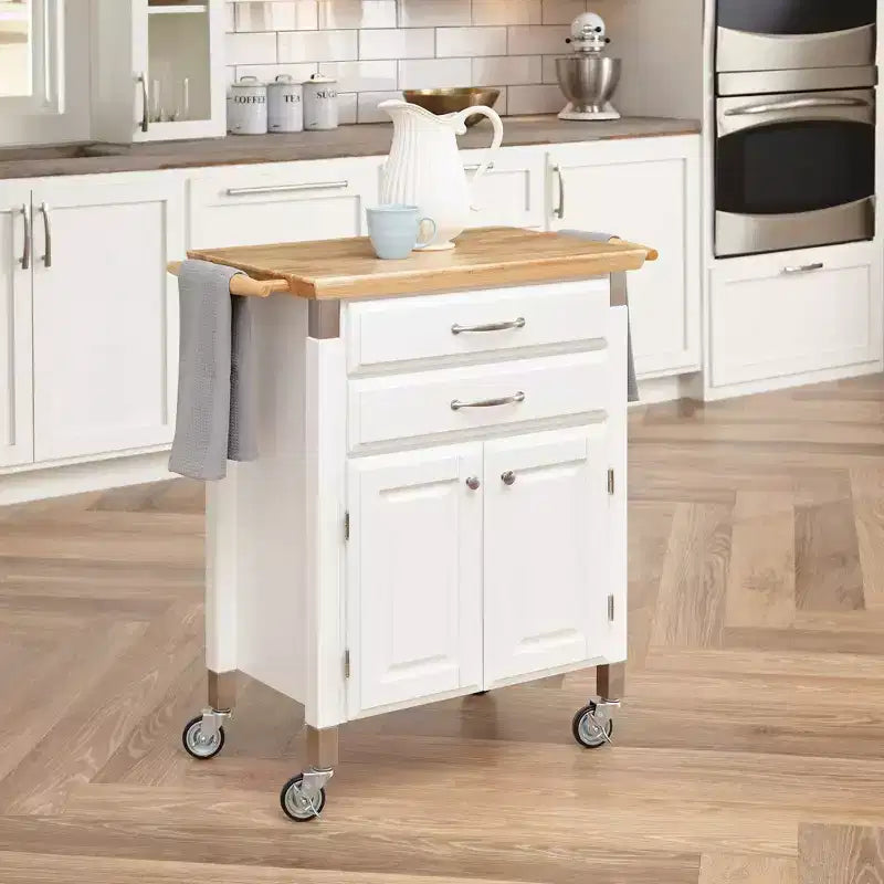Home Styles Petit chariot de cuisine Dolly Madison avec plateau naturel, blanc cassé : Rangement mobile, cadre en bois dur, 2 tiroirs et portes