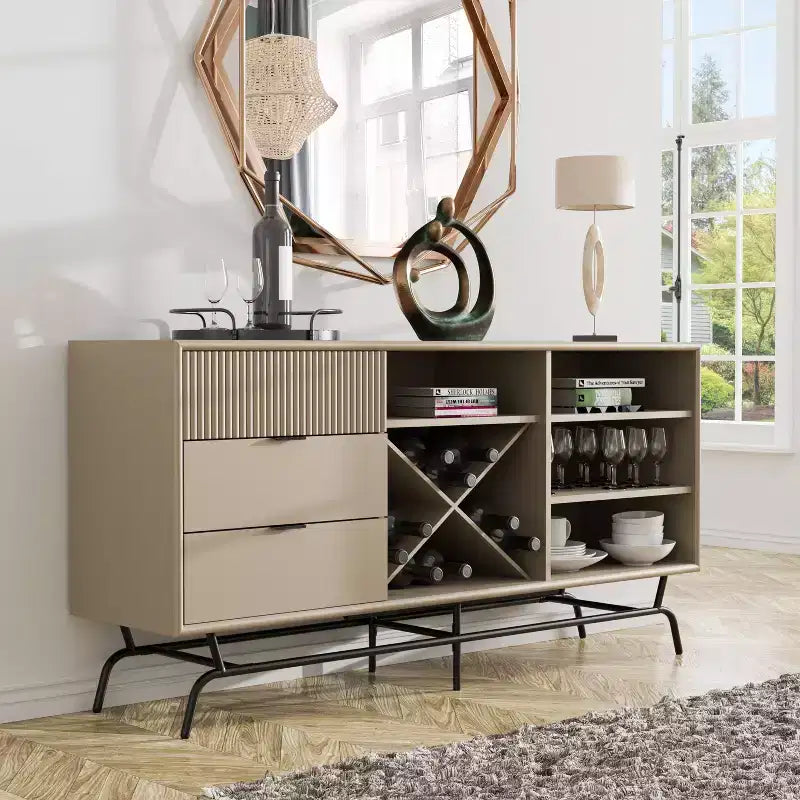 Buffet moderne Heath 60 po avec armoire à vin taupe - miBasics : Console de rangement, 3 tiroirs, 4 étagères fixes