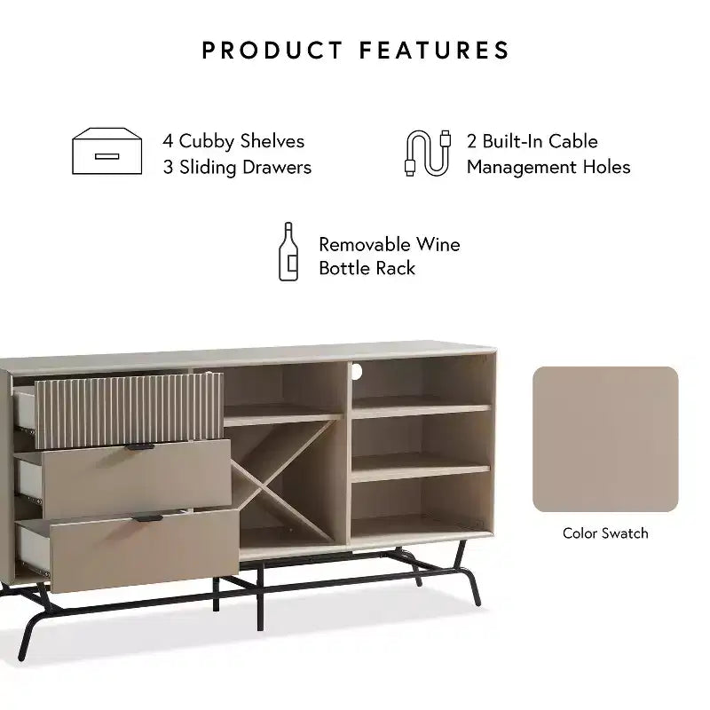 Buffet moderne Heath 60 po avec armoire à vin taupe - miBasics : Console de rangement, 3 tiroirs, 4 étagères fixes
