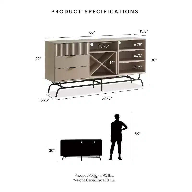 Buffet moderne Heath 60 po avec armoire à vin taupe - miBasics : Console de rangement, 3 tiroirs, 4 étagères fixes