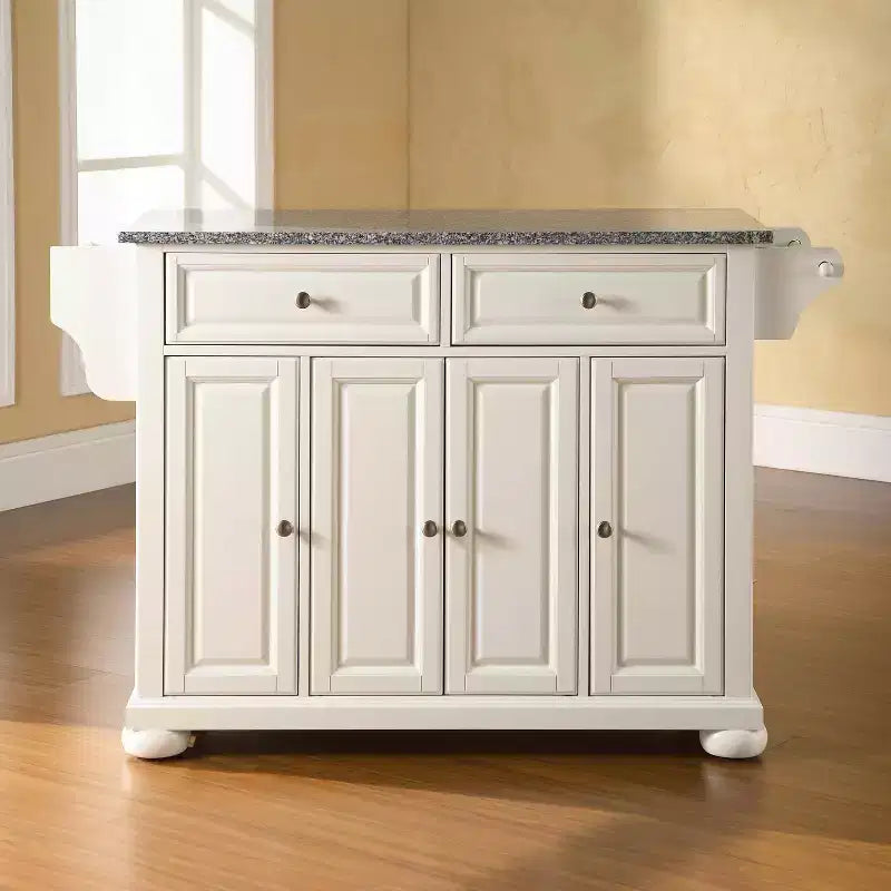 Îlot de cuisine/chariot pleine grandeur Crosley Alexandria White avec dessus en granit gris : Rangement, porte-épices, porte-serviettes