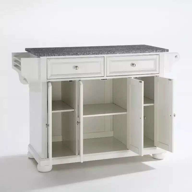 Îlot de cuisine/chariot pleine grandeur Crosley Alexandria White avec dessus en granit gris : Rangement, porte-épices, porte-serviettes