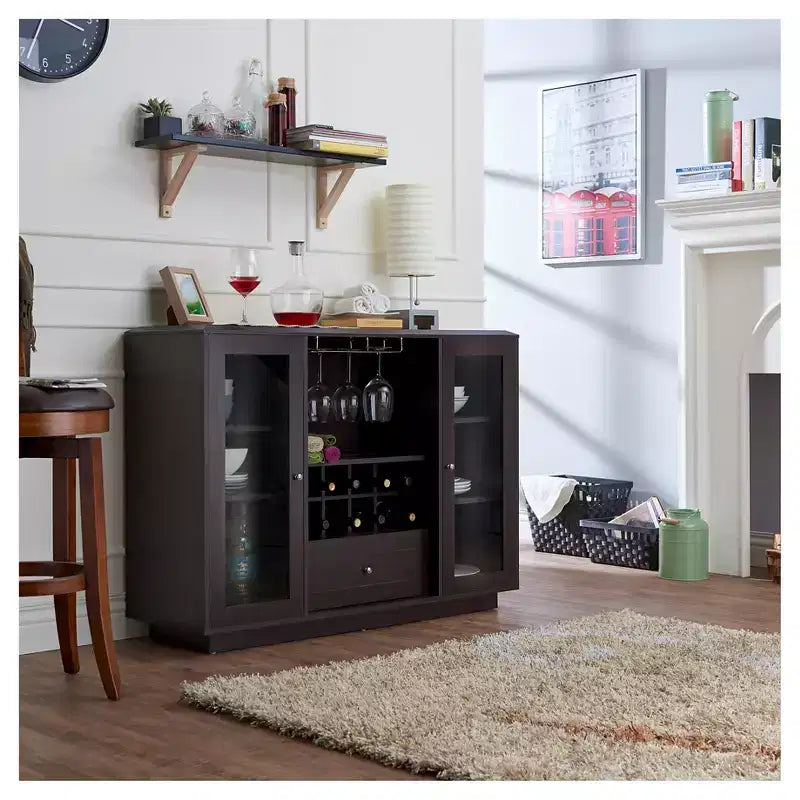 Buffet de salle à manger moderne Candie Espresso avec armoires vitrées et plusieurs rangements, disponible 24h/24, 7j/7