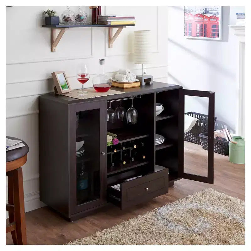 Buffet de salle à manger moderne Candie Espresso avec armoires vitrées et plusieurs rangements, disponible 24h/24, 7j/7