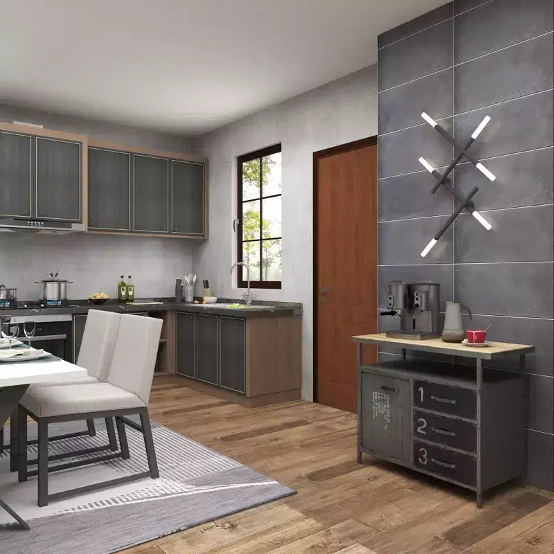 Meuble de rangement utilitaire en métal Olivia & May avec plateau en bois gris acier : Style industriel, cadre en fer, 3 tiroirs, 2 portes, aucun assemblage requis