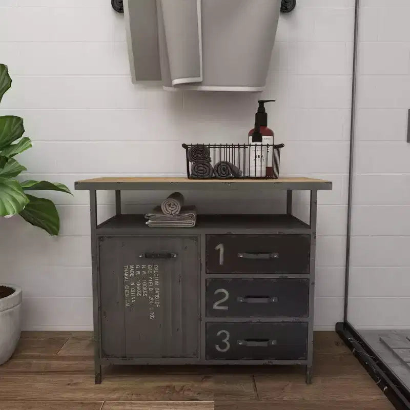 Meuble de rangement utilitaire en métal Olivia & May avec plateau en bois gris acier : Style industriel, cadre en fer, 3 tiroirs, 2 portes, aucun assemblage requis