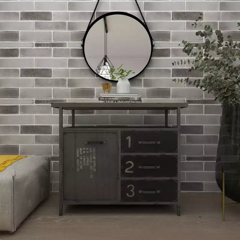 Meuble de rangement utilitaire en métal Olivia & May avec plateau en bois gris acier : Style industriel, cadre en fer, 3 tiroirs, 2 portes, aucun assemblage requis