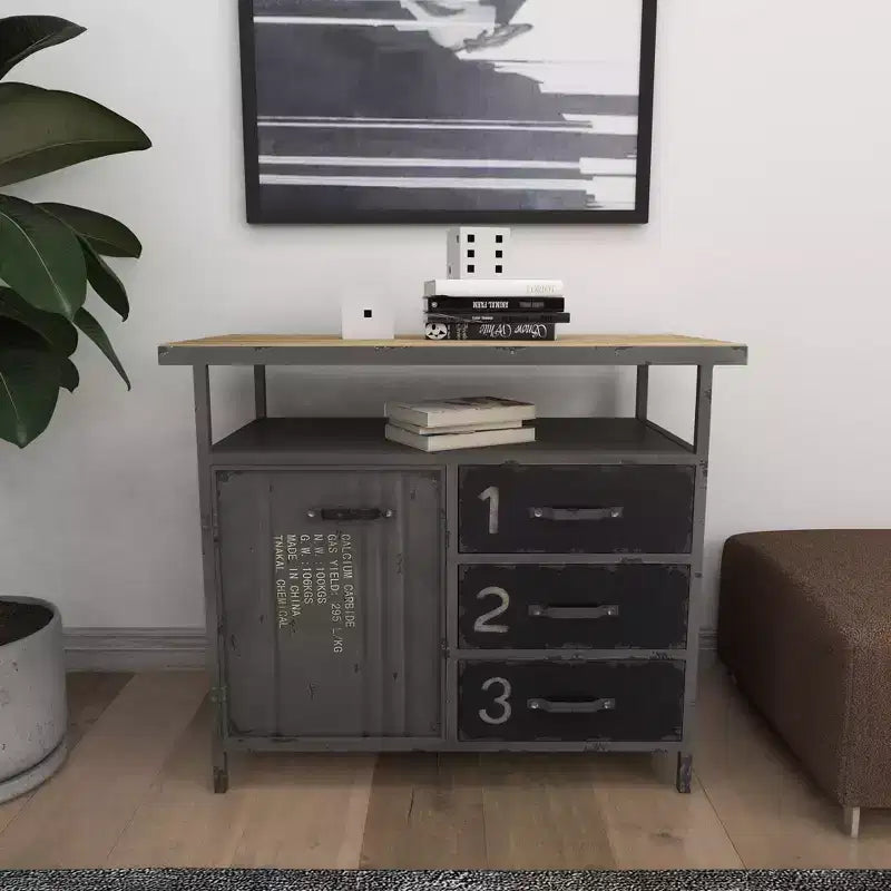 Meuble de rangement utilitaire en métal Olivia & May avec plateau en bois gris acier : Style industriel, cadre en fer, 3 tiroirs, 2 portes, aucun assemblage requis