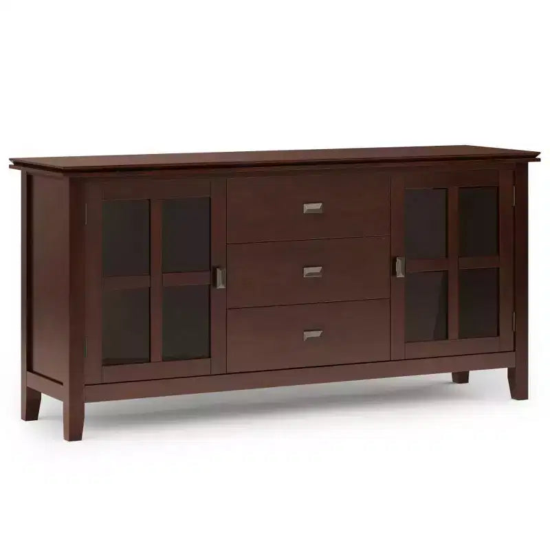 Grand Buffet Stratford Brun Roux - WyndenHall : Bois Massif, 3 Tiroirs, 2 Armoires