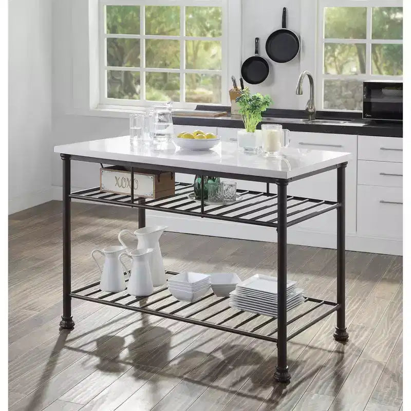 Îlot de cuisine Freyja 50 po en pierre reconstituée blanche/gris - Acme Furniture : Structure en métal, étagères de rangement
