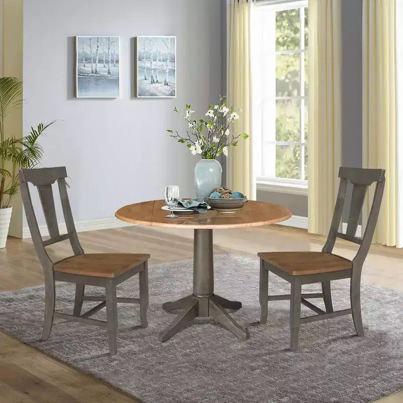 Table de salle à manger ronde 42" à double rallonge avec 2 chaises à dossier panneau Noyer/Charbon délavé - International Concepts