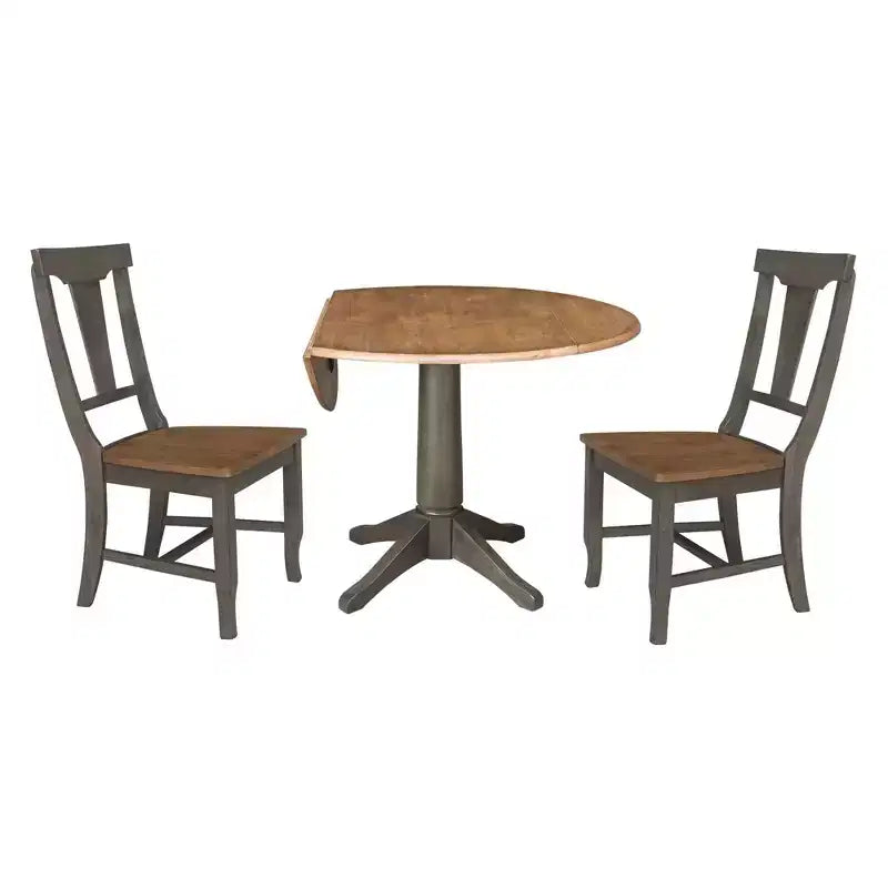 Table de salle à manger ronde 42" à double rallonge avec 2 chaises à dossier panneau Noyer/Charbon délavé - International Concepts