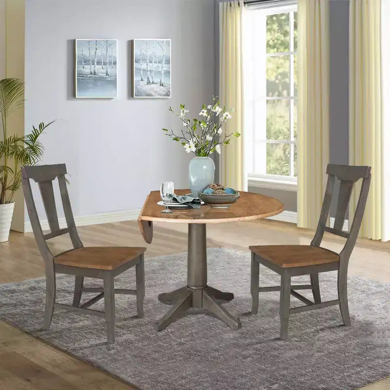 Table de salle à manger ronde 42" à double rallonge avec 2 chaises à dossier panneau Noyer/Charbon délavé - International Concepts