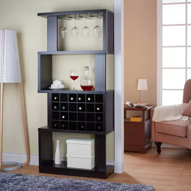 Étagère à vin Robin contemporaine à 4 niveaux cappuccino – miBasics : Peut contenir 24 bouteilles, rangement pour verres à pied