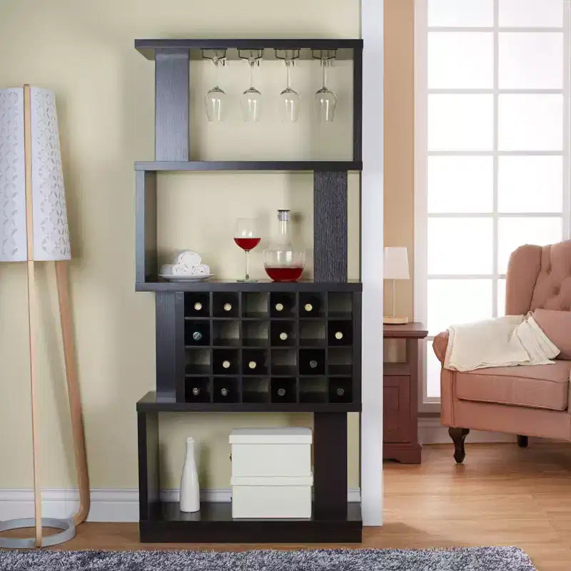 Étagère à vin Robin contemporaine à 4 niveaux cappuccino – miBasics : Peut contenir 24 bouteilles, rangement pour verres à pied