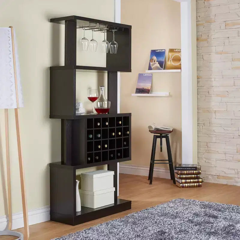 Étagère à vin Robin contemporaine à 4 niveaux cappuccino – miBasics : Peut contenir 24 bouteilles, rangement pour verres à pied