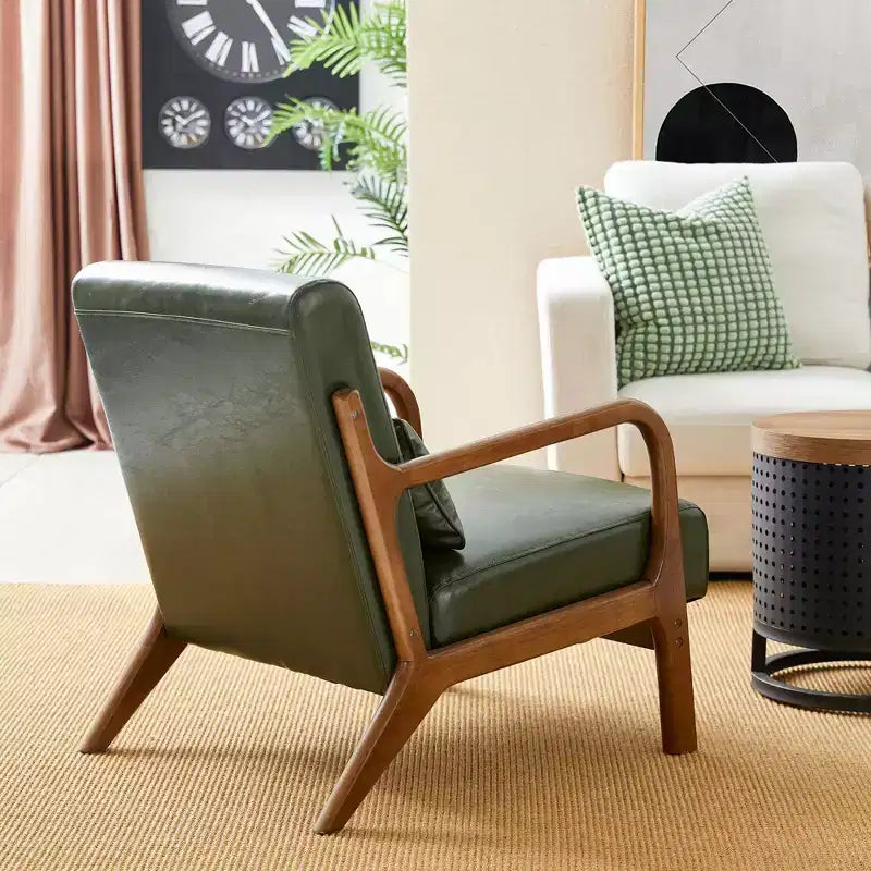 Fauteuil d'appoint en similicuir style Mid-Century Modern avec structure en bois d'hévéa noyer – Vert chasseur – Glitzhome