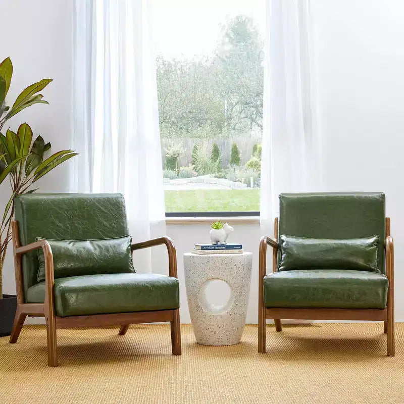 Fauteuil d'appoint en similicuir style Mid-Century Modern avec structure en bois d'hévéa noyer – Vert chasseur – Glitzhome