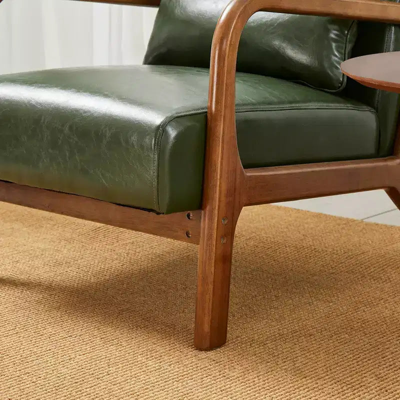 Fauteuil d'appoint en similicuir style Mid-Century Modern avec structure en bois d'hévéa noyer – Vert chasseur – Glitzhome