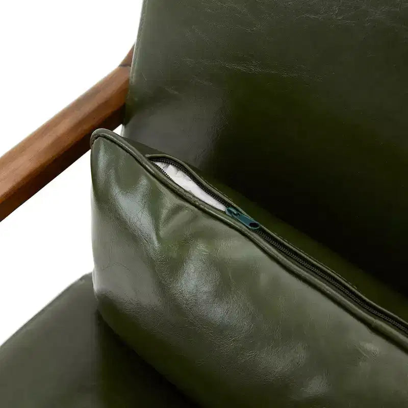 Fauteuil d'appoint en similicuir style Mid-Century Modern avec structure en bois d'hévéa noyer – Vert chasseur – Glitzhome