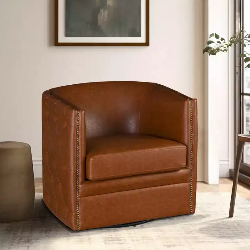 Fauteuil pivotant Milton Tufted Barrel marron - Madison Park : rembourré, aucun assemblage, finition bronze plaqué