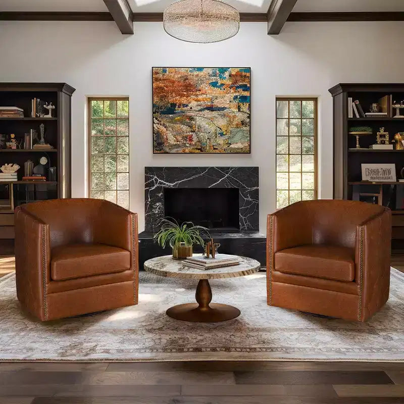 Fauteuil pivotant Milton Tufted Barrel marron - Madison Park : rembourré, aucun assemblage, finition bronze plaqué
