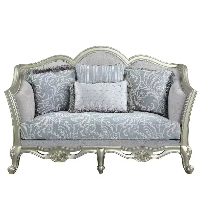 Canapé 66" Qunsia Lin Gris Clair et Finition Champagne - Meubles Acme : Revêtement en cuir, Cadre en bois, Aucun assemblage requis