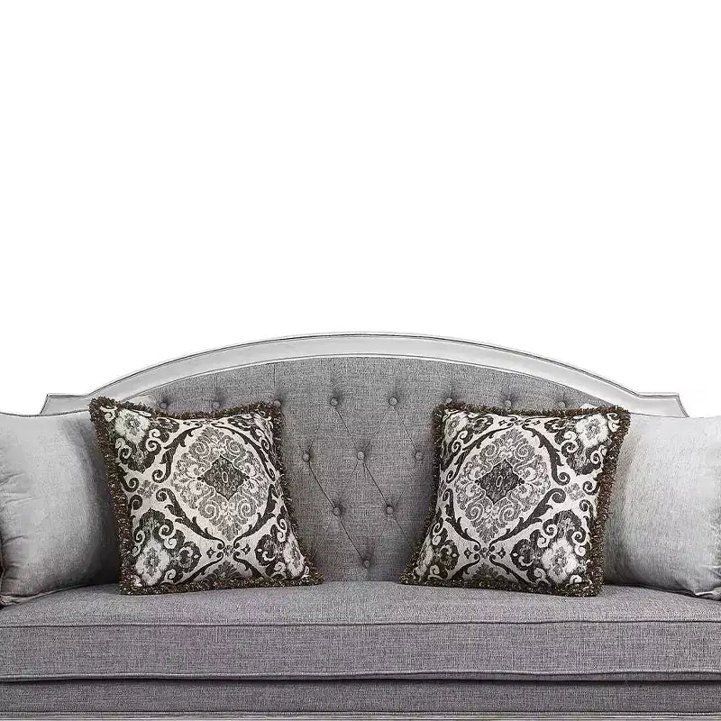 Canapé Florian 88 po en tissu gris et finition blanc antique - Meubles Acme : Revêtement en cuir, cadre en bois, coussin décoratif inclus