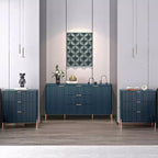 Festivo Lot de 3 tables de chevet 3 tiroirs et commode 3 tiroirs bleu marine au design moderne et élégant