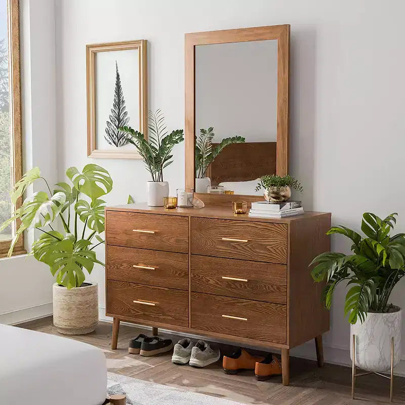 HOMES: Inside + Out 2pc Riverstone Mid-Century Modern 6 Drawer Dresser and Mirror with Anti Tip Interlock System Walnut