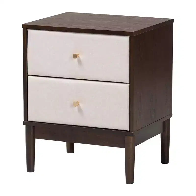 Table de chevet Baxton Studio Nikolai en tissu et bois, 2 tiroirs, beige/marron wengé