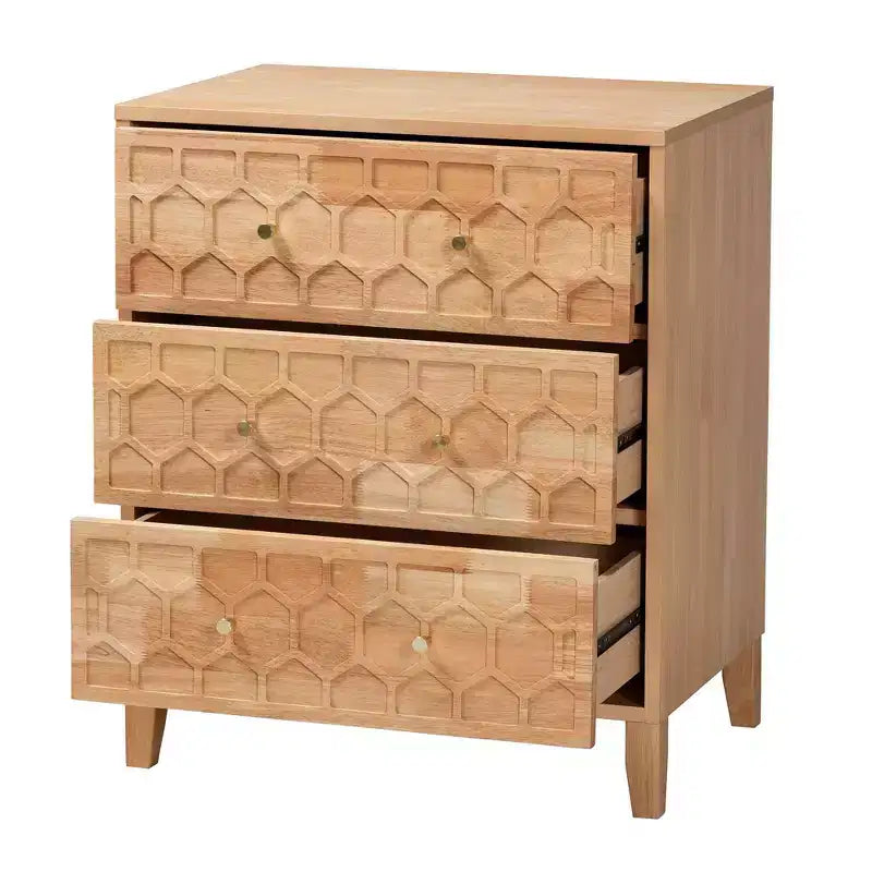 Commode à 3 tiroirs Baxton Studio Hosea en nid d'abeille sculpté, naturelle