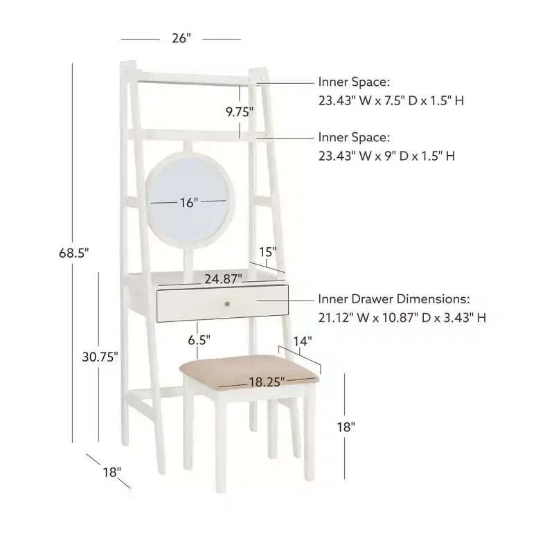 Coiffeuse Alaina Wood Leaning Ladder avec tabouret rembourré et rangement - Linon