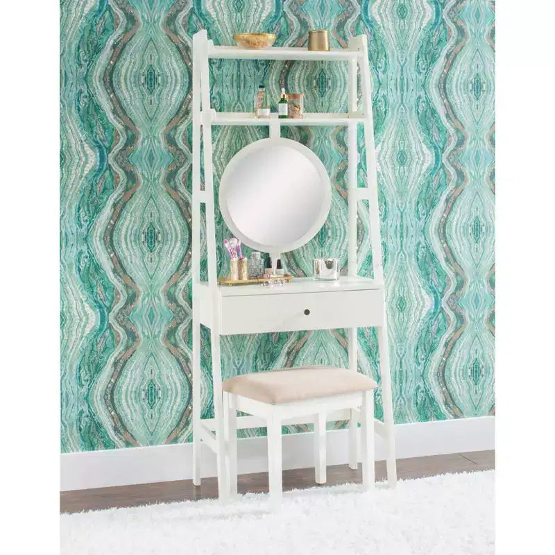 Coiffeuse Alaina Wood Leaning Ladder avec tabouret rembourré et rangement - Linon