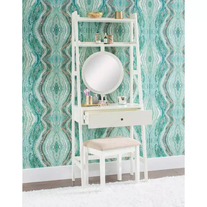Coiffeuse Alaina Wood Leaning Ladder avec tabouret rembourré et rangement - Linon