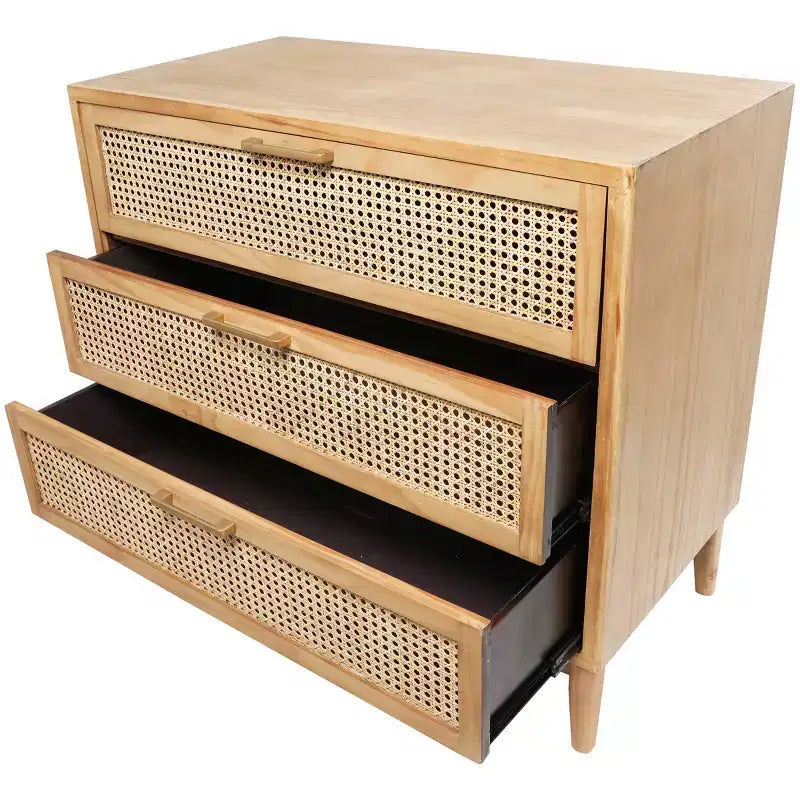 Meuble en bois Olivia & May de 32 pouces : Tiroirs en rotin, touches dorées, aucun assemblage requis.