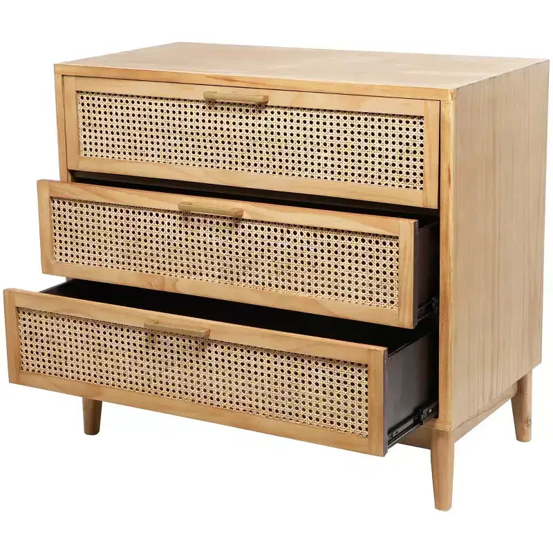 Meuble en bois Olivia & May de 32 pouces : Tiroirs en rotin, touches dorées, aucun assemblage requis.