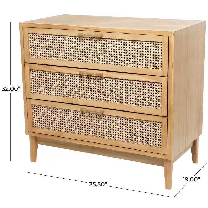 Meuble en bois Olivia & May de 32 pouces : Tiroirs en rotin, touches dorées, aucun assemblage requis.