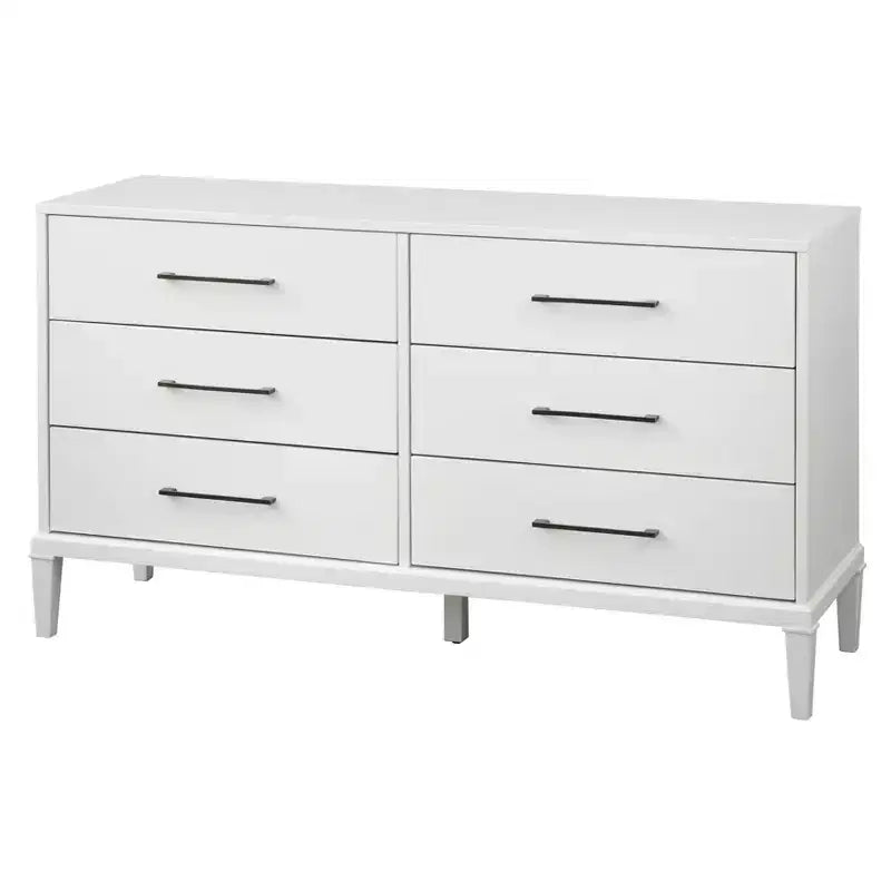 Commode Lifestorey Sussex 6 tiroirs blanche : pieds en hévéa massif, MDF, style ferme moderne